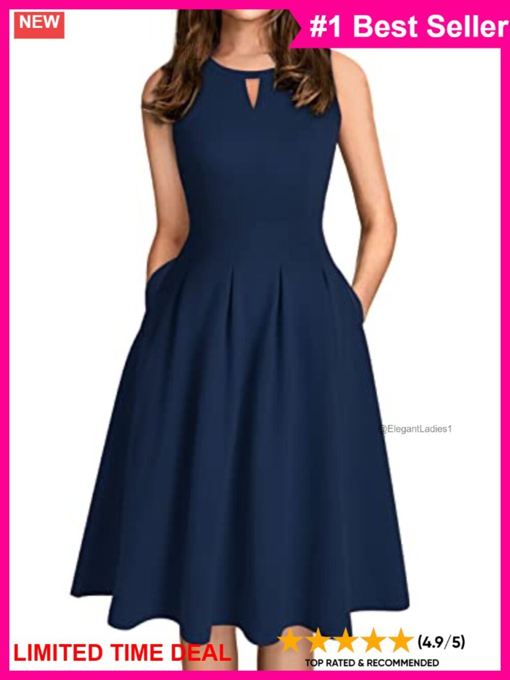 Sleeveless Swing Knee-Length Dress with Pockets Keyhole Neckline